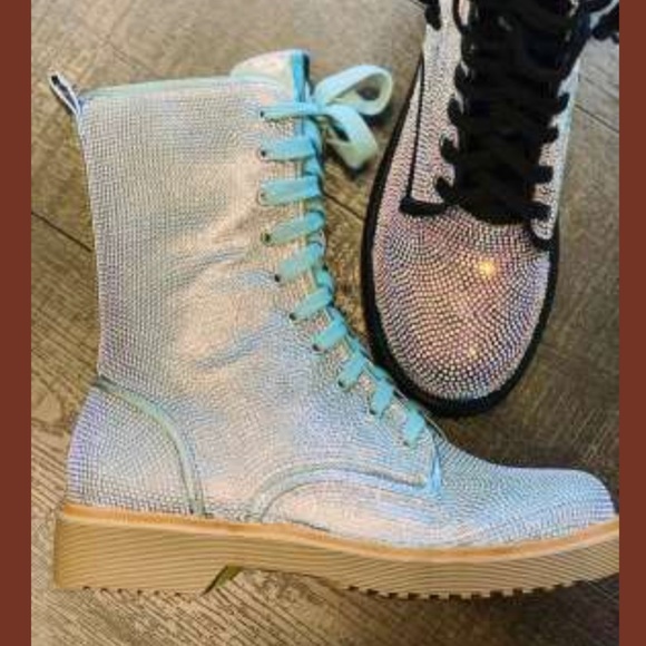 Pazzle BETSY Combat Silver Rhinestone Embellished Lace-up Tall Metallic Boot - Picture 5 of 10